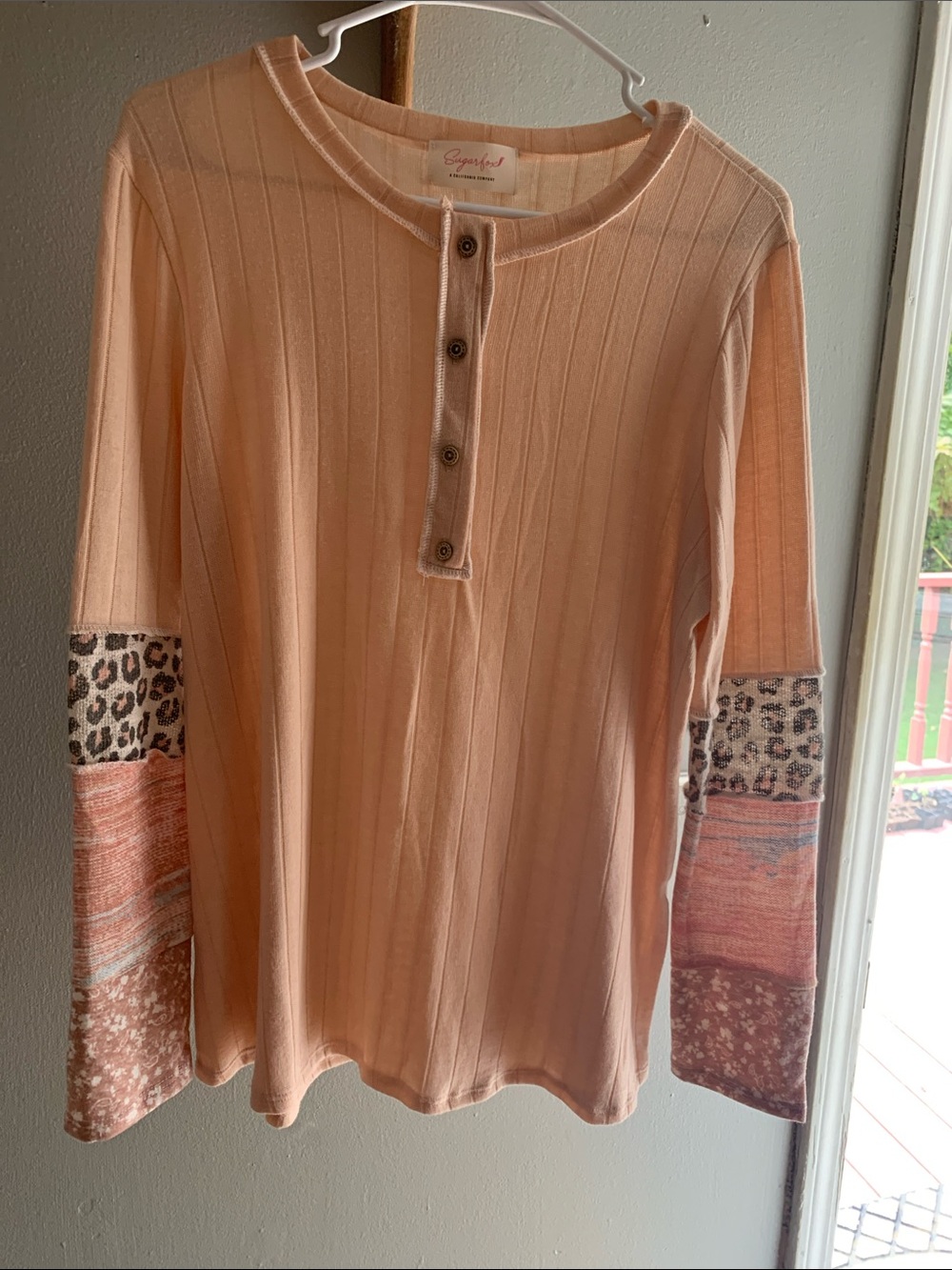Sugar Peach Patchwork Long Sleeve Henley